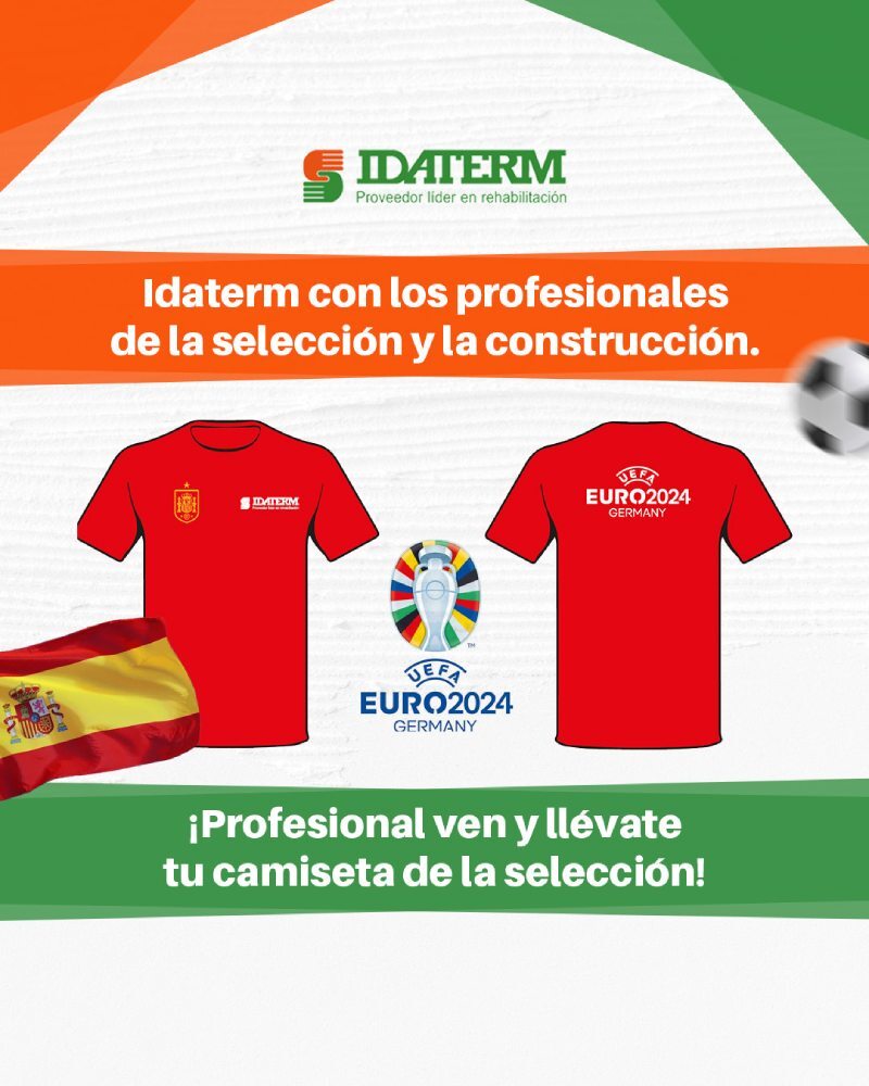 Camiseta oficial de la selección española con el logo de UEFA Euro 2024 Germany y el logotipo de Idaterm