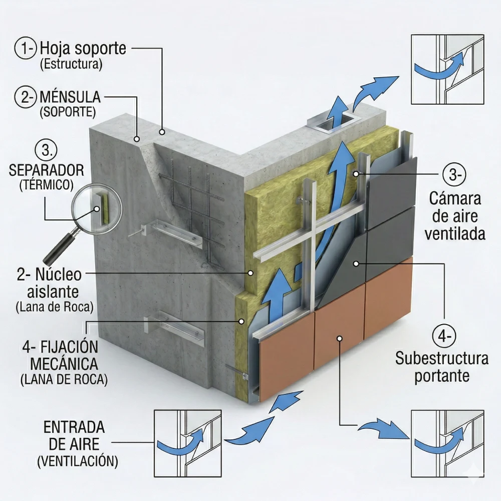 Diagrama técnico cuadrado que detalla los 4 componentes clave de una fachada ventilada: 1. Hoja soporte de hormigón, 2. Núcleo aislante de lana de roca (paneles Ventirock), 3. Cámara de aire con flechas de flujo de ventilación y 4. Subestructura portante de aluminio con detalle de rotura de puente térmico.