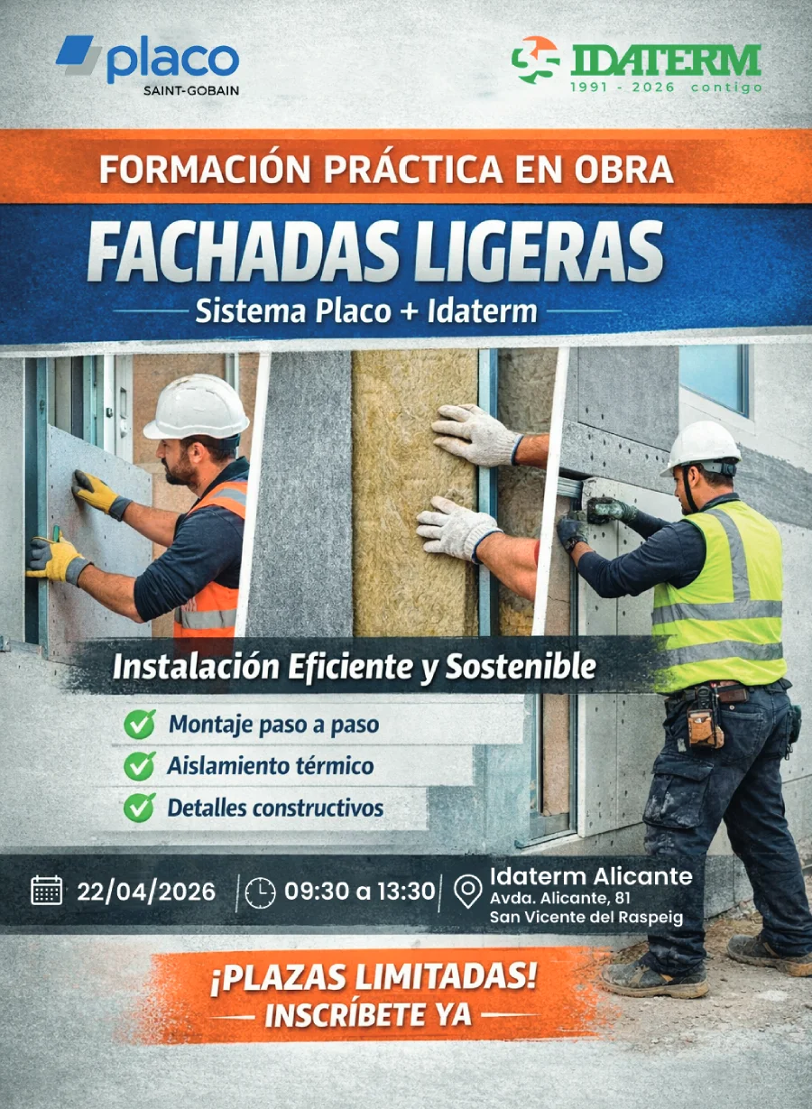 Cartel formación práctica fachadas ligeras sistema Placo Idaterm Alicante 22 abril 2026.