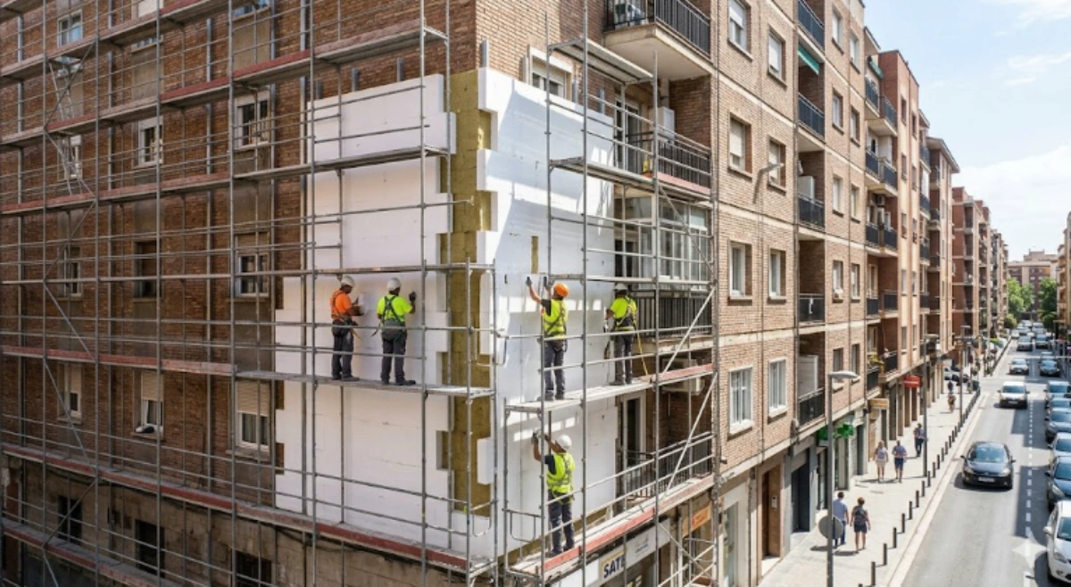Edificio residencial en proceso de rehabilitación energética con instalación de placas de aislamiento SATE y andamios