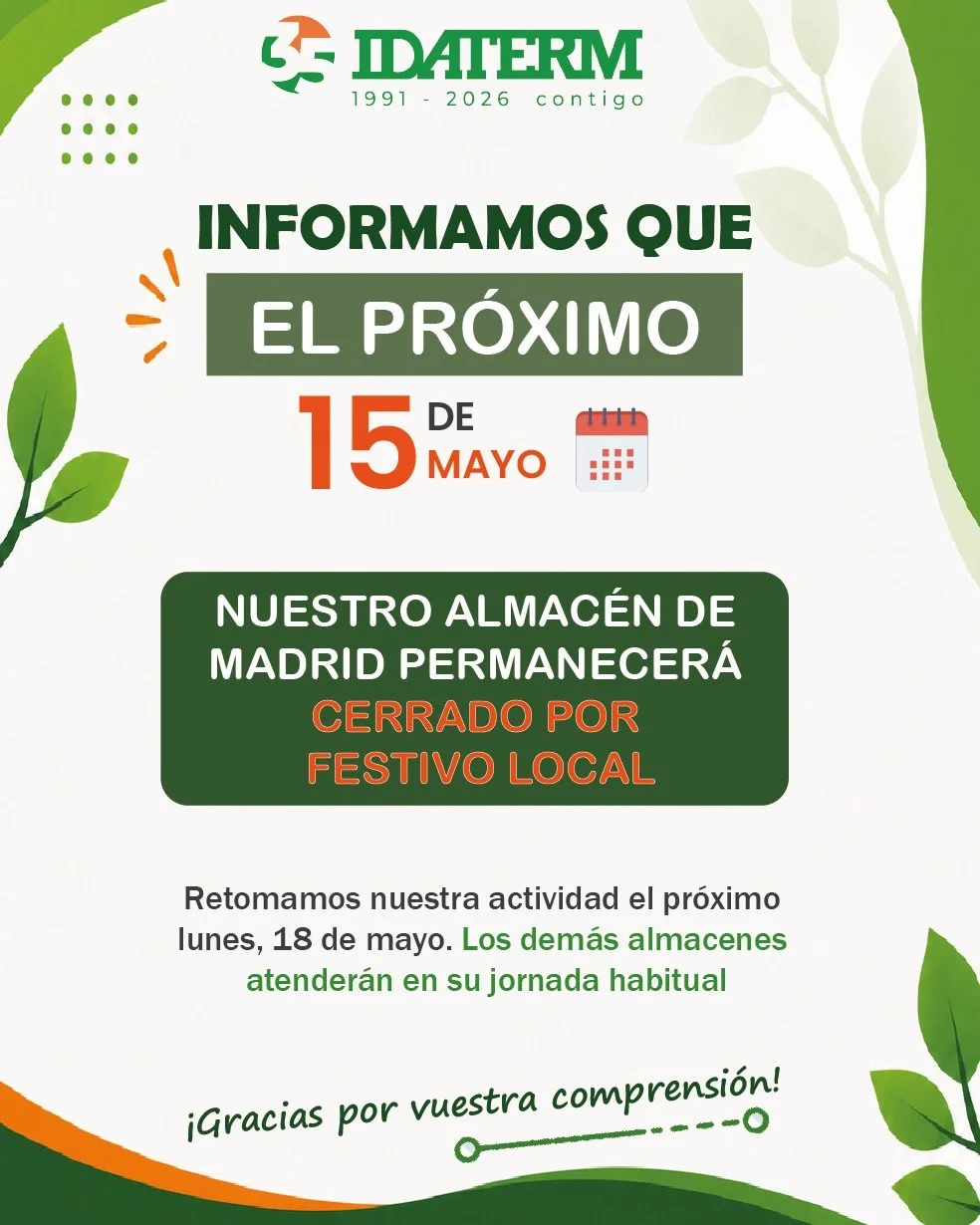 Aviso de cierre por festivo San Isidro 15 de mayo en Idaterm Madrid.
