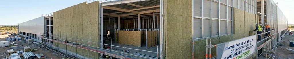 Fachada de gran nave comercial en construccion con cartel de Idaterm como proveedor de materiales y asesoramiento tecnico