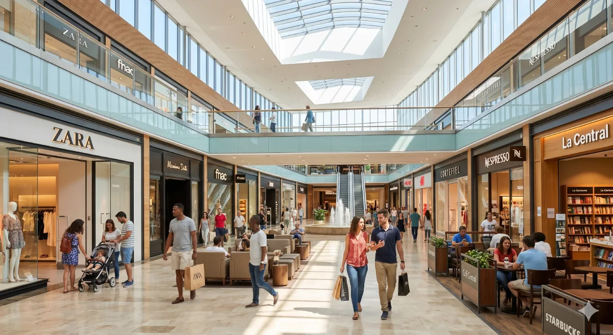 Personas paseando de forma relajada y confortable en el interior de una gran superficie comercial luminosa