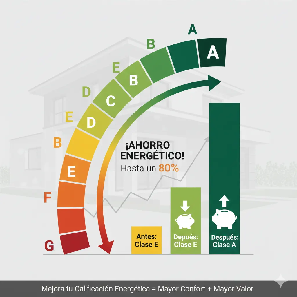 Infografía que muestra el incremento de la eficiencia energética de clase E a clase A, destacando un ahorro del 80 por ciento en el consumo de la vivienda
