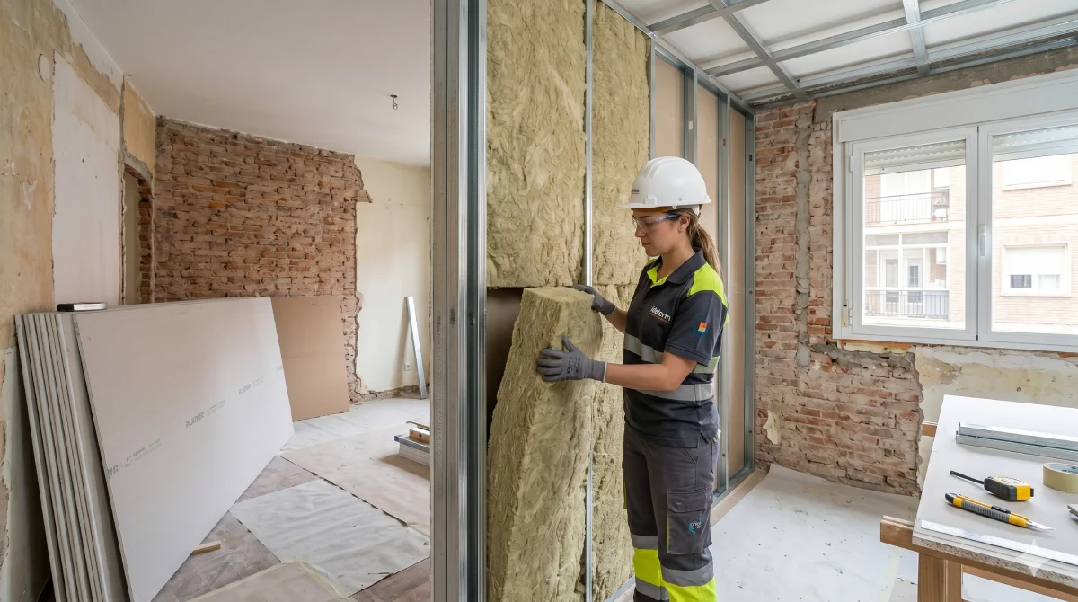 Profesional instalando paneles de lana mineral en tabiquería seca para mejora de la eficiencia energética en una reforma
