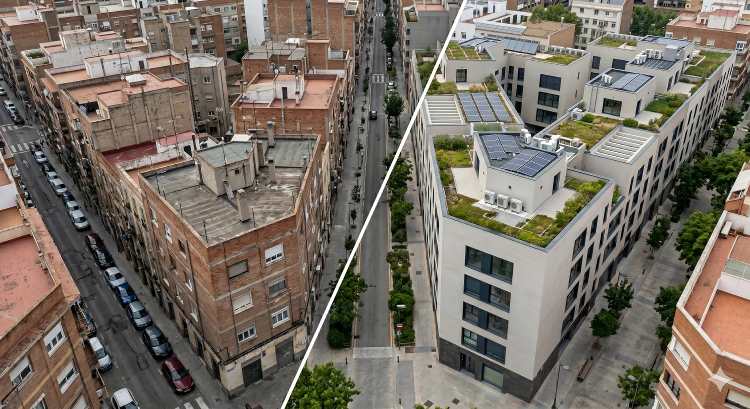 Comparativa aérea de rehabilitación energética urbana: edificio antiguo frente a edificio moderno con sistema SATE y eficiencia energética