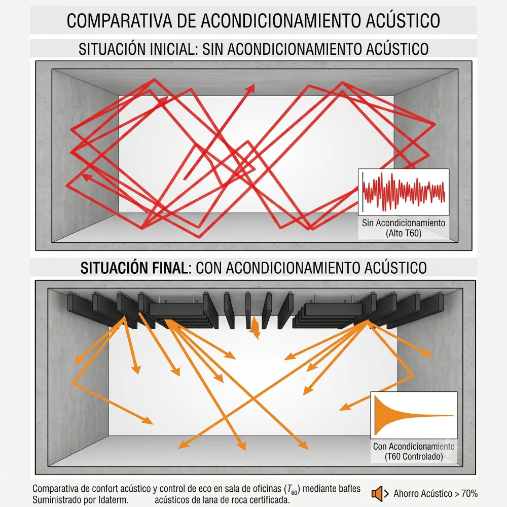 Gráfico comparativo de la reducción de eco y control de reverberación (T60) en una sala antes y después de instalar bafles acústicos suministrados por Idaterm.