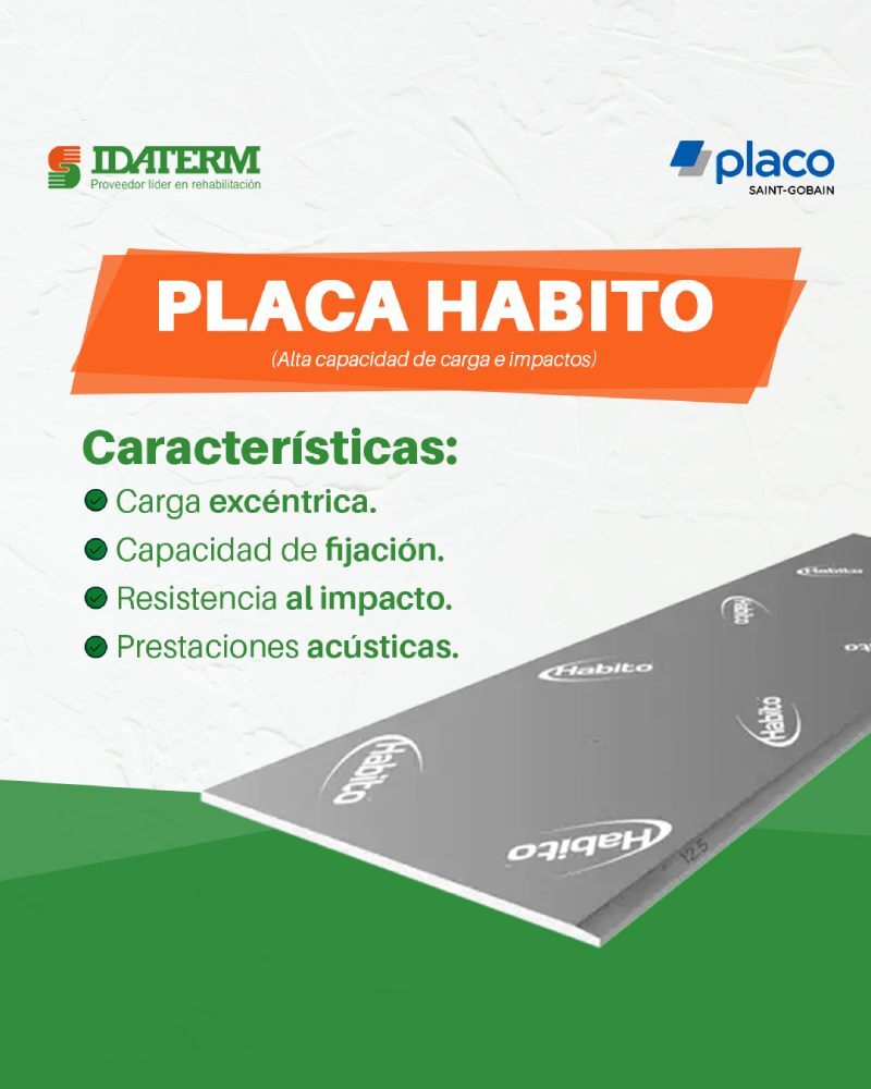 Placa HABITO de Placo Placa HABITO de Placo mostrando sus características de carga excéntrica, capacidad de fijación y resistencia al impacto