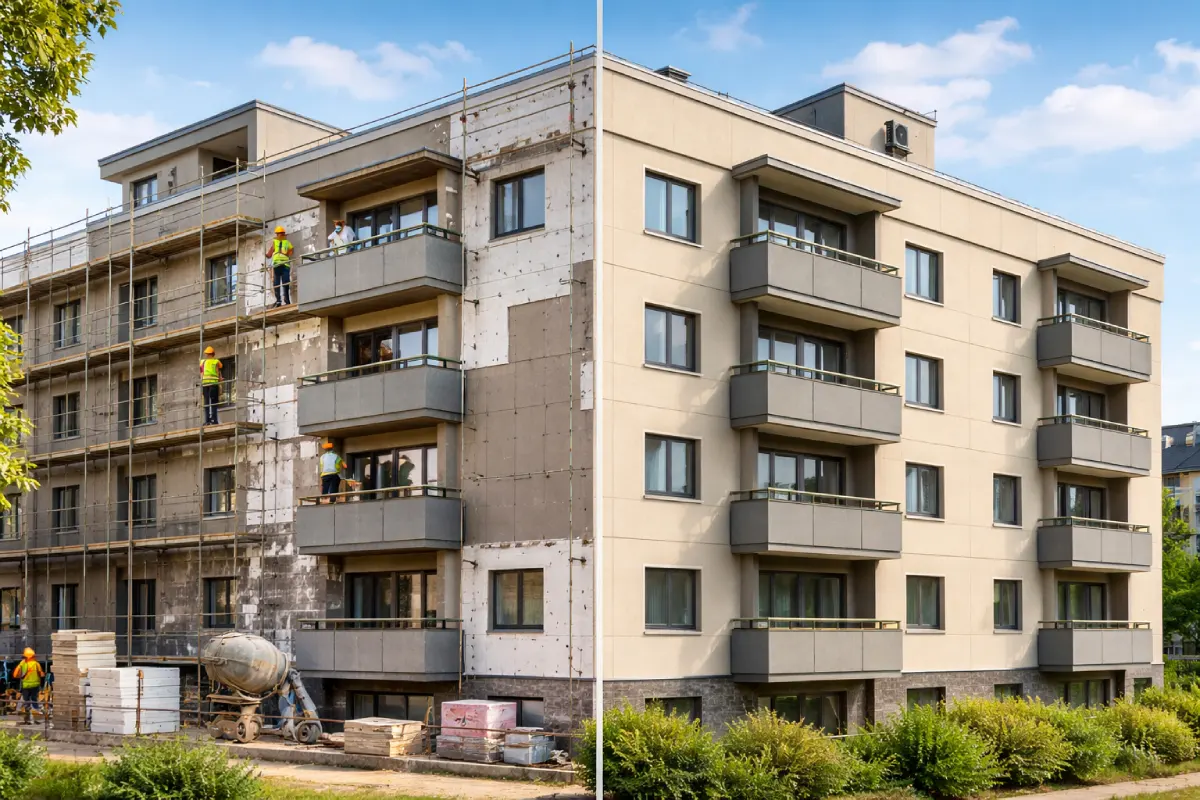 eficiencia energética en vivienda: fachada con instalación de SATE y análisis de termografía mostrando ahorro de calor.
