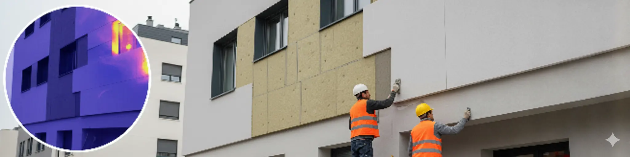 Operarios instalando paneles aislantes SATE en la fachada de un edificio profesional junto a una imagen térmica que identifica los puntos de pérdida de calor.