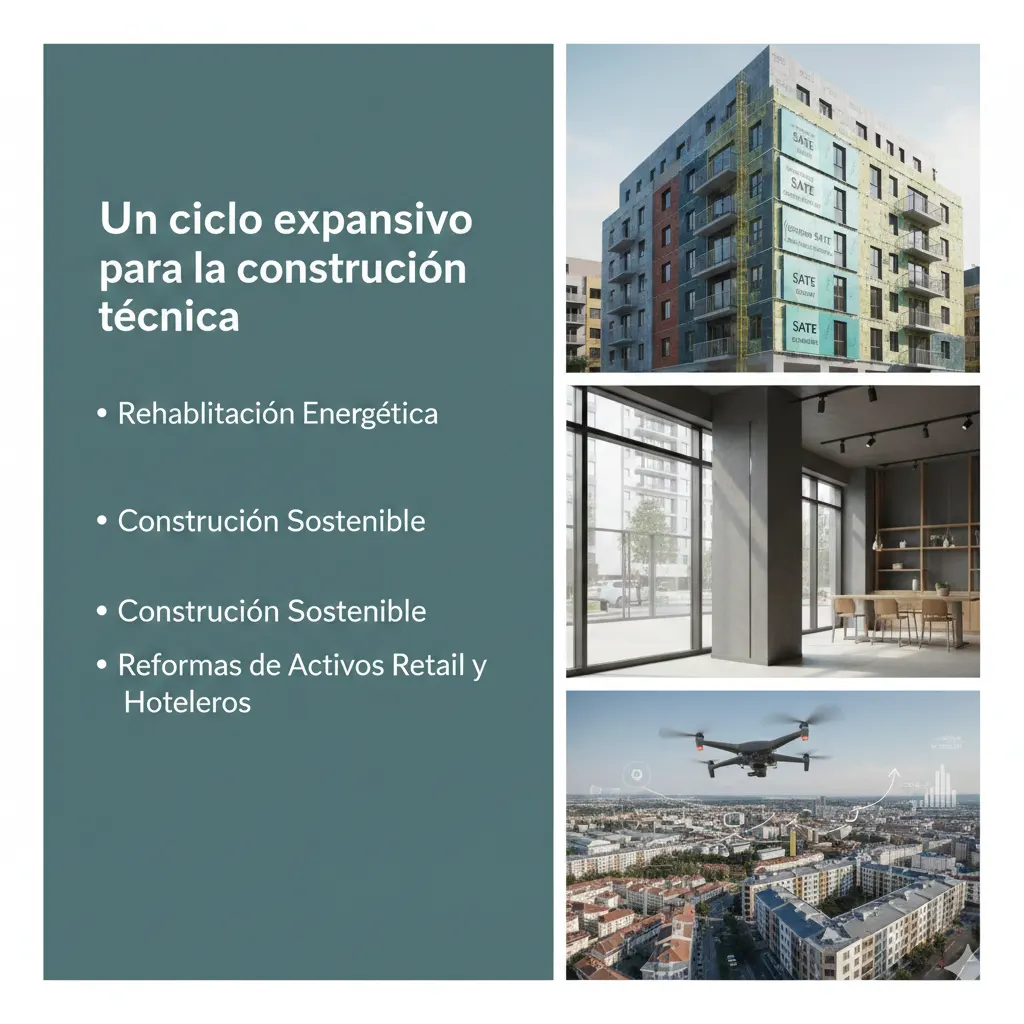 Infografía de Idaterm que muestra la rehabilitación energética con SATE, interiores retail modernos y logística con drones en Madrid
