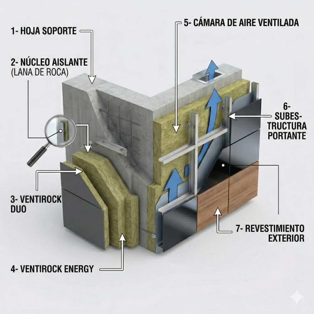 Diagrama técnico cuadrado que detalla los 4 componentes clave de una fachada ventilada: 1. Hoja soporte de hormigón, 2. Núcleo aislante de lana de roca (paneles Ventirock), 3. Cámara de aire con flechas de flujo de ventilación y 4. Subestructura portante de aluminio con detalle de rotura de puente térmico.