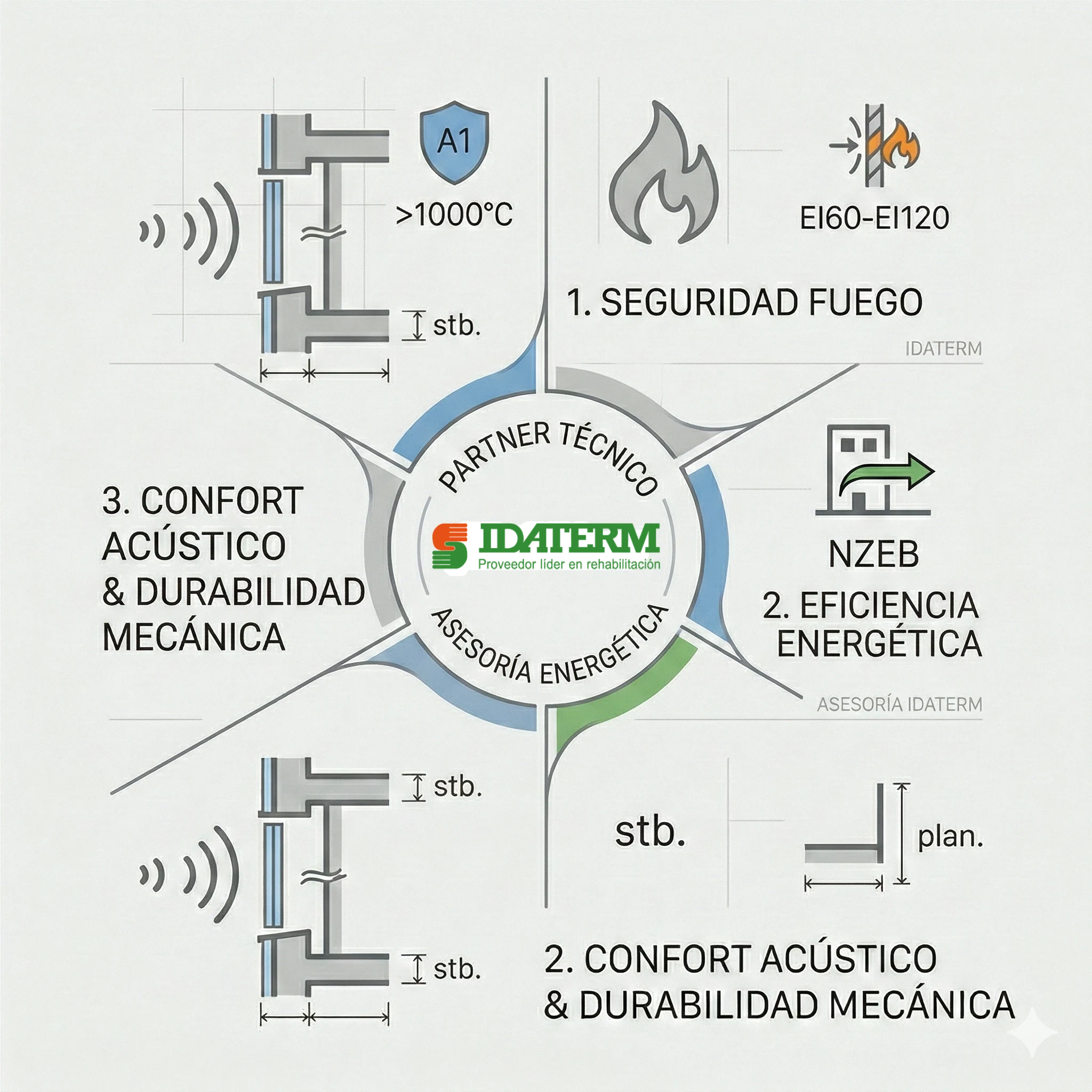 Infografía radial que resume los tres pilares de rendimiento de Idaterm para fachadas ventiladas: 1. Seguridad contra incendios (Euroclase A1 y barreras EI60-EI120), 2. Eficiencia energética para edificios NZEB y 3. Confort acústico con estabilidad y durabilidad mecánica.