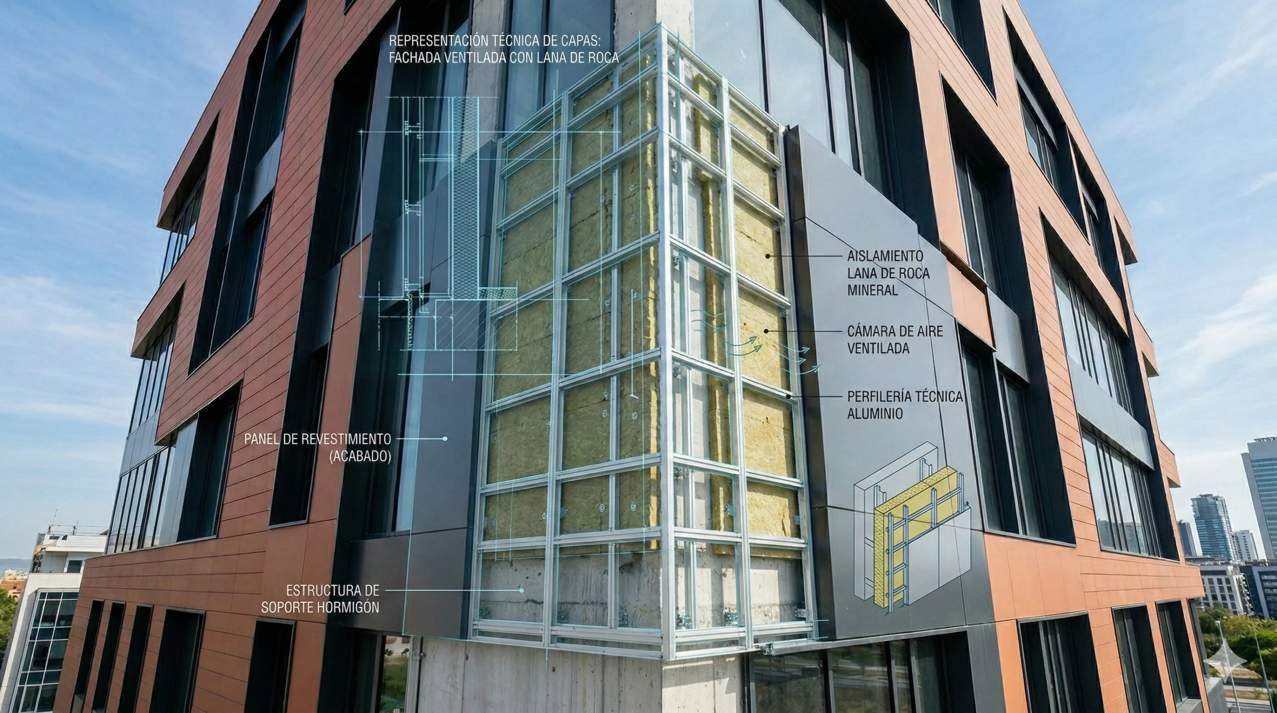 Perspectiva técnica de un edificio moderno que muestra el desglose de capas de una fachada ventilada: estructura de soporte, aislamiento de lana de roca mineral, perfilería de aluminio y paneles de revestimiento exterior.